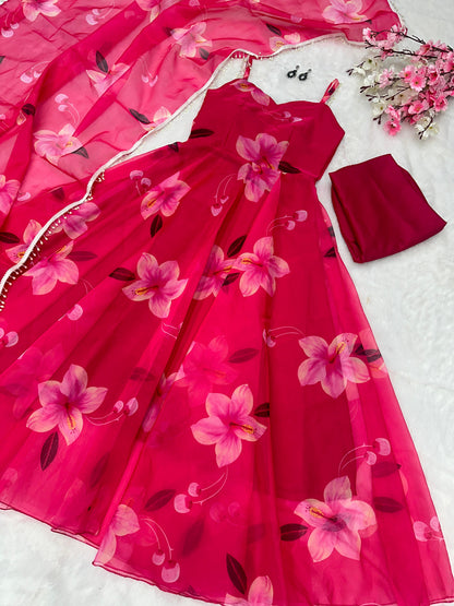 Festive Wear Pink Color Digital Flower Printed Organza Silk Anarkali Suit