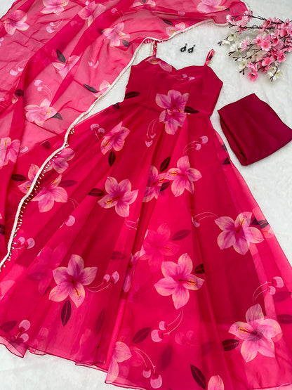 Festive Wear Pink Color Digital Flower Printed Organza Silk Anarkali Suit