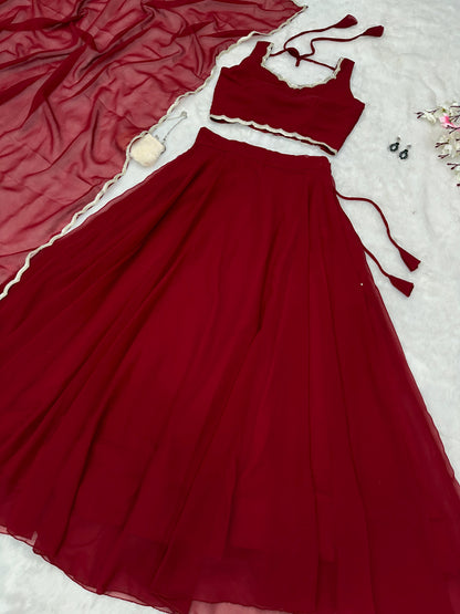 Party Wear Maroon Color Pure Georgette With 8 Meter Flair Beautiful Lehenga Choli