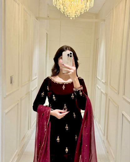 Beautiful Maroon Color Heavy Viscose And Embroidery With Hand Work Designer Velvet Suit