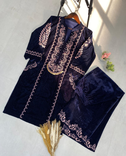 Fabulous Navy Blue Color Velvet With  Embroidery Work Beautiful Velvet Salwar Suit