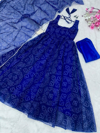 Beautiful Designer Blue Color Digital Printed Organza Silk Anarkali Suit