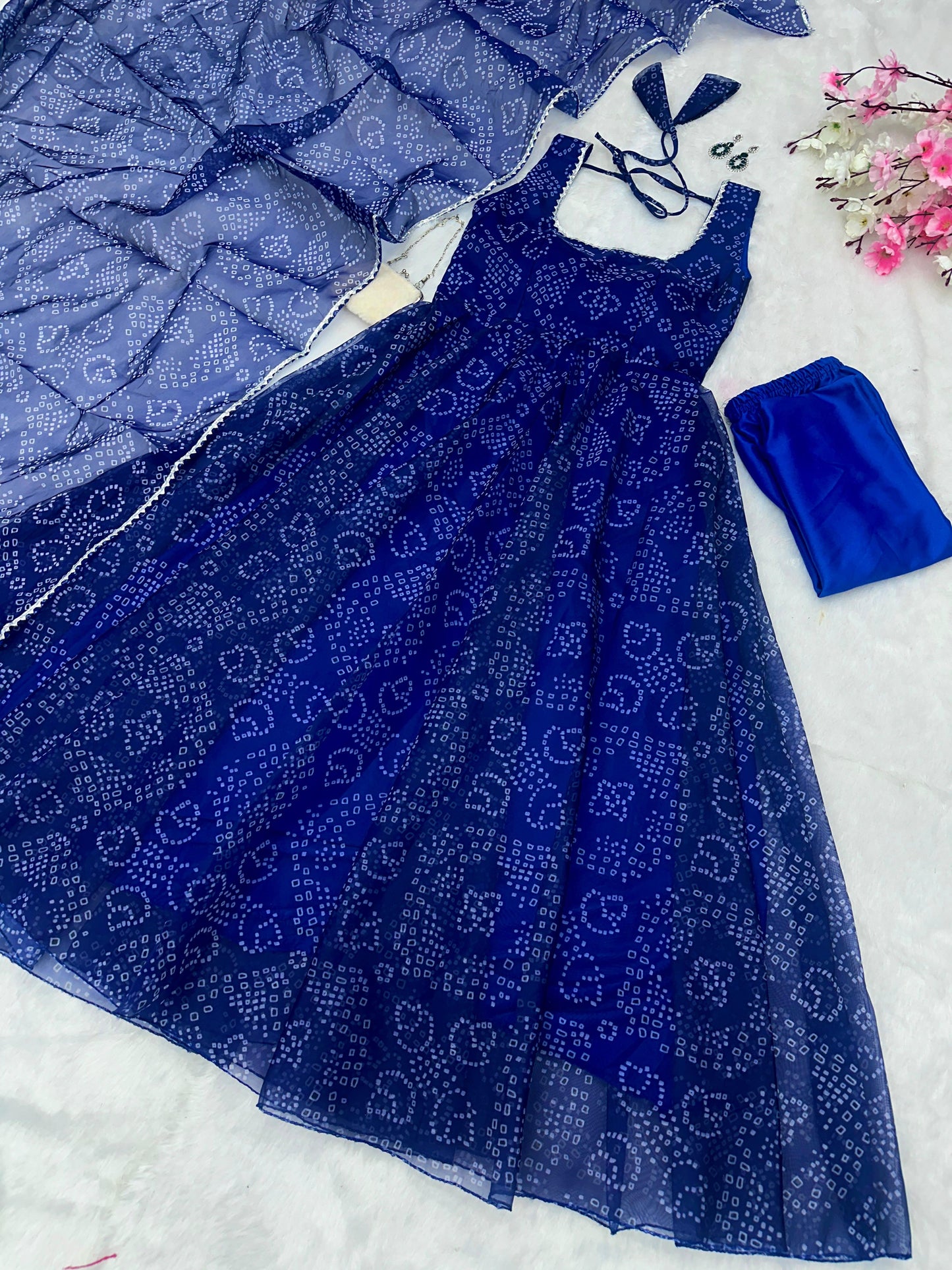 Beautiful Designer Blue Color Digital Printed Organza Silk Anarkali Suit