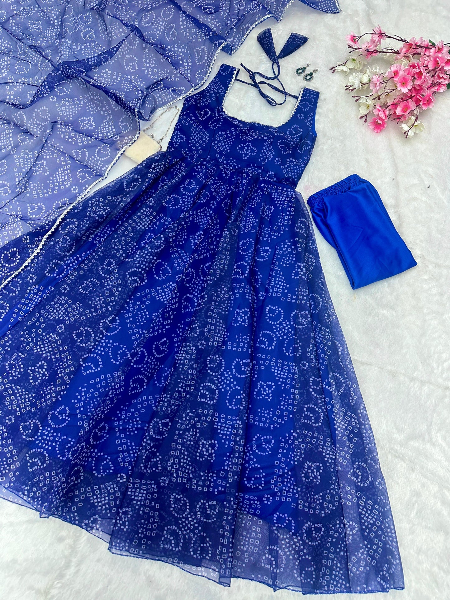 Beautiful Designer Blue Color Digital Printed Organza Silk Anarkali Suit