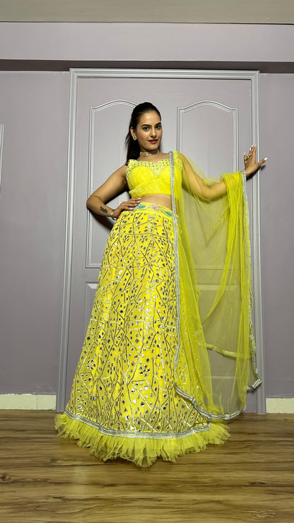 Haldi Wear Yellow Color Georgette Lehenga With Zari And Foil Paper Work And Net Ruffle Border Beautiful Lehenga Choli