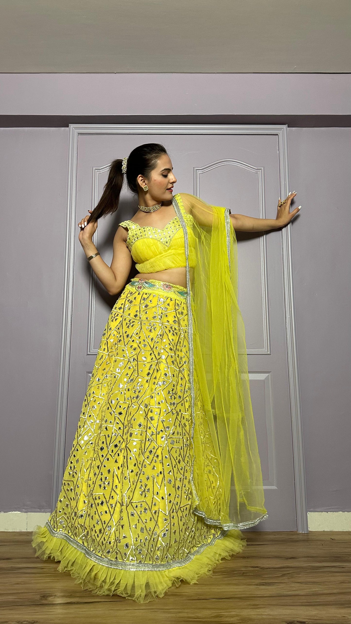 Haldi Wear Yellow Color Georgette Lehenga With Zari And Foil Paper Work And Net Ruffle Border Beautiful Lehenga Choli