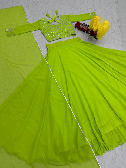 Attractive Green Color Faux Georgette With Heavy Embroidery Sequence Work Designer Gown