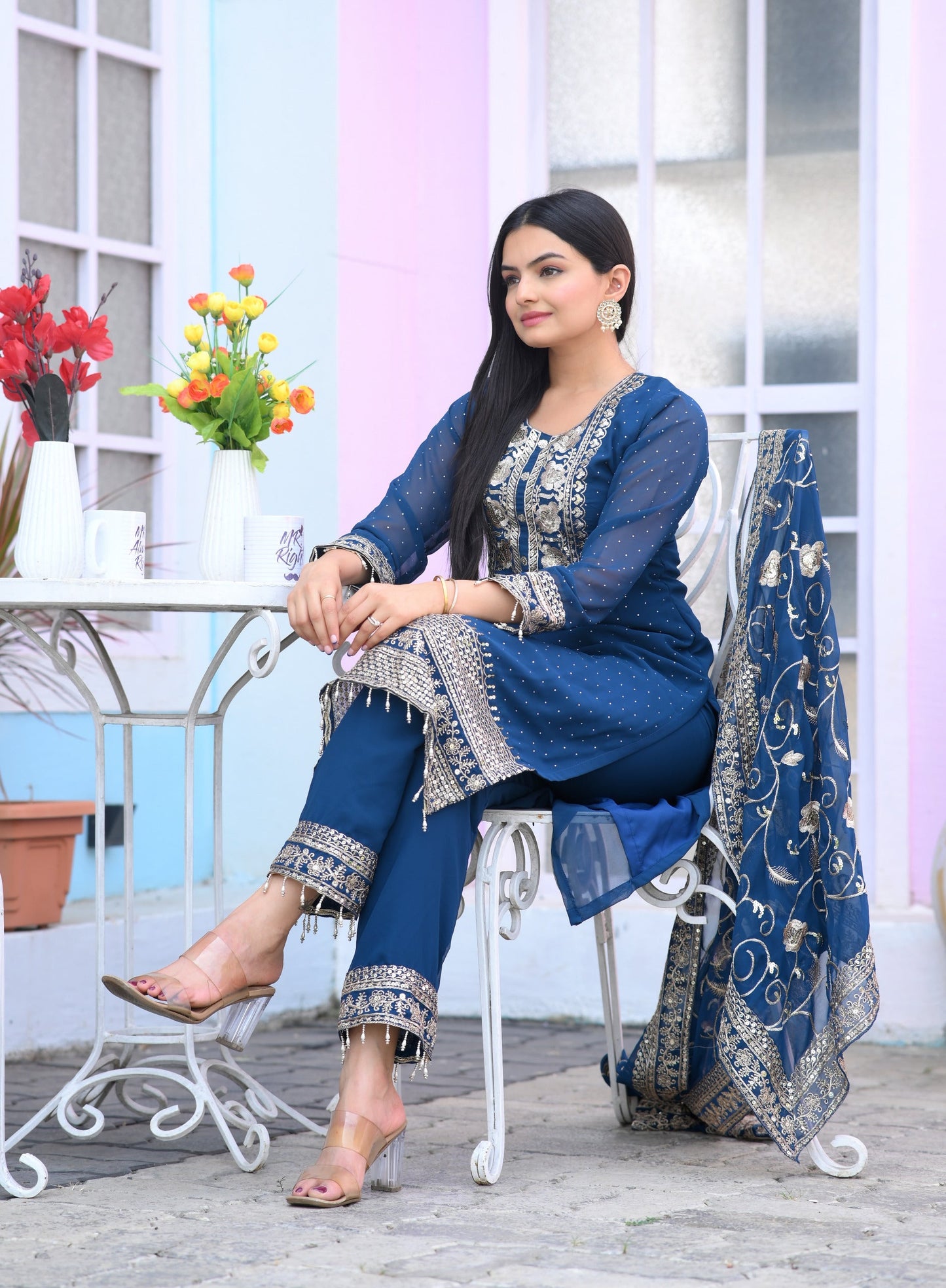Engagement Wear Navy Blue Color Faux Georgette And Sequence Embroidery Work And Stone Work Designer Salwar Suit