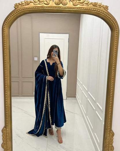 Trendy Teal Blue Color Viscous Velvet Embroidered Coding Work Anarkali Designer Gown