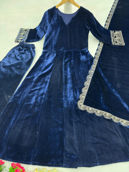 Trendy Teal Blue Color Viscous Velvet Embroidered Coding Work Anarkali Designer Gown