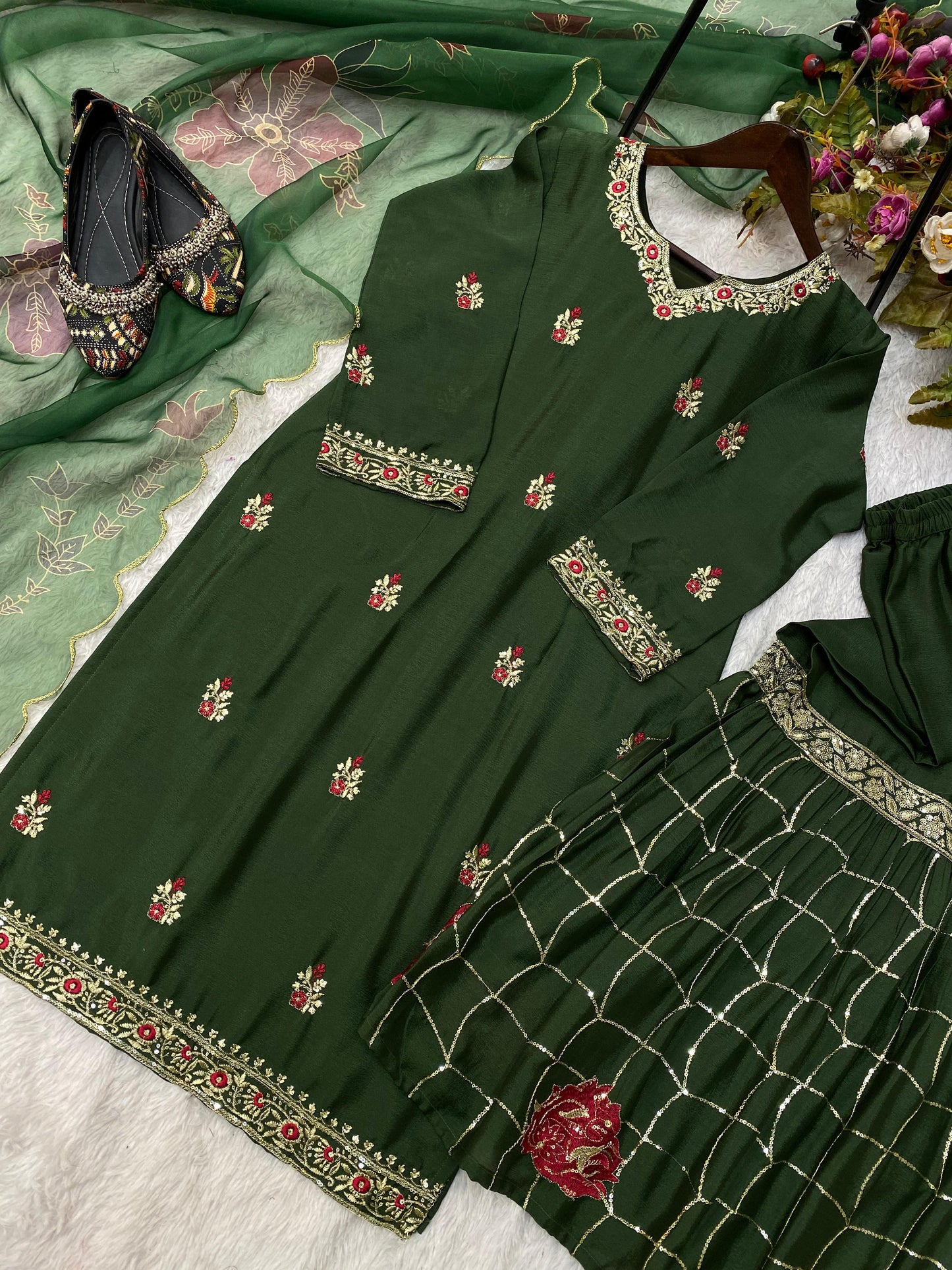 Wedding Wear Dark Green Color Velvet With Sequence Embroidery Work Beautiful Sharara Suit