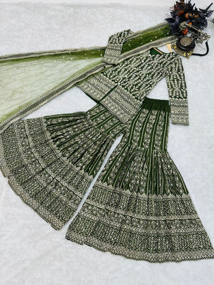 Wedding Wear Sequence Work Green Color Sharara Suit