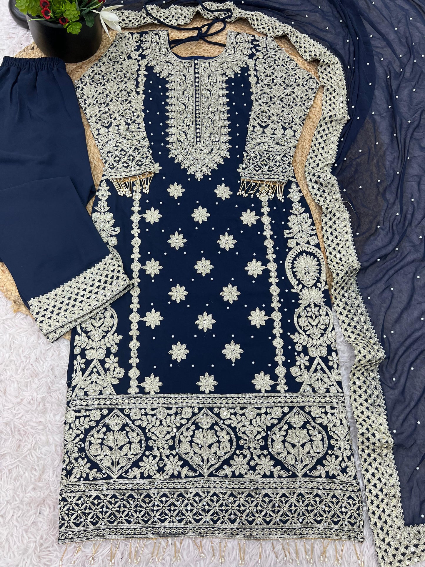 Fancy  Blue Color Georgette Revet Moti Salwar Suit
