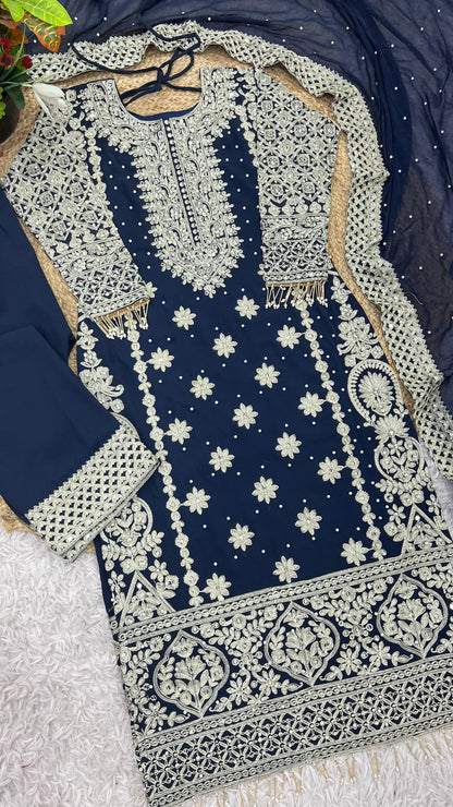 Reception Wear Navy Blue Color Faux Georgette With Heavy Embroidery Sequence Work Designer Salwar Suit