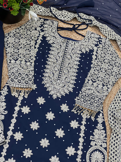 Reception Wear Navy Blue Color Faux Georgette With Heavy Embroidery Sequence Work Designer Salwar Suit