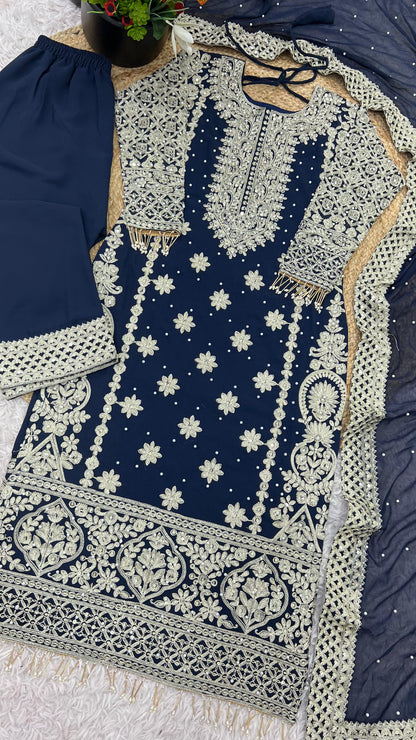 Reception Wear Navy Blue Color Faux Georgette With Heavy Embroidery Sequence Work Designer Salwar Suit