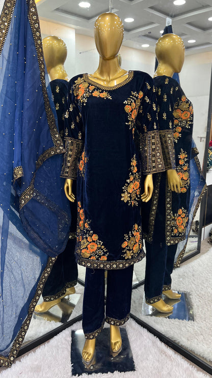 Trendy Navy Blue Pure Heavy Viscose Velvet With Heavy Embroidery Sequence Work Salwar Suit