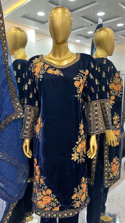 Trendy Navy Blue Pure Heavy Viscose Velvet With Heavy Embroidery Sequence Work Salwar Suit