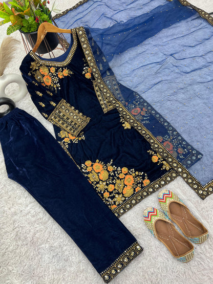 Trendy Navy Blue Pure Heavy Viscose Velvet With Heavy Embroidery Sequence Work Salwar Suit