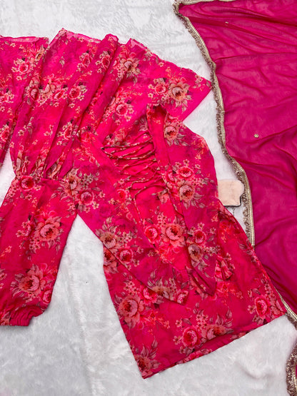 Wedding Wear Pink Color Digital Flower Printed Georgette Kurta With Sharara