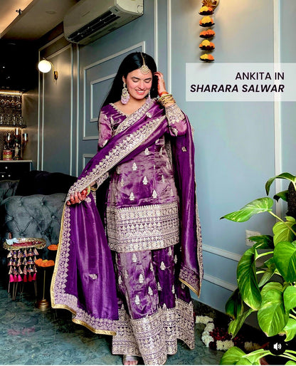 Wedding Wear Purple Color Pure Chinon Silk With Embroidery 5mm Sequence Work Beautiful Sharara Suit