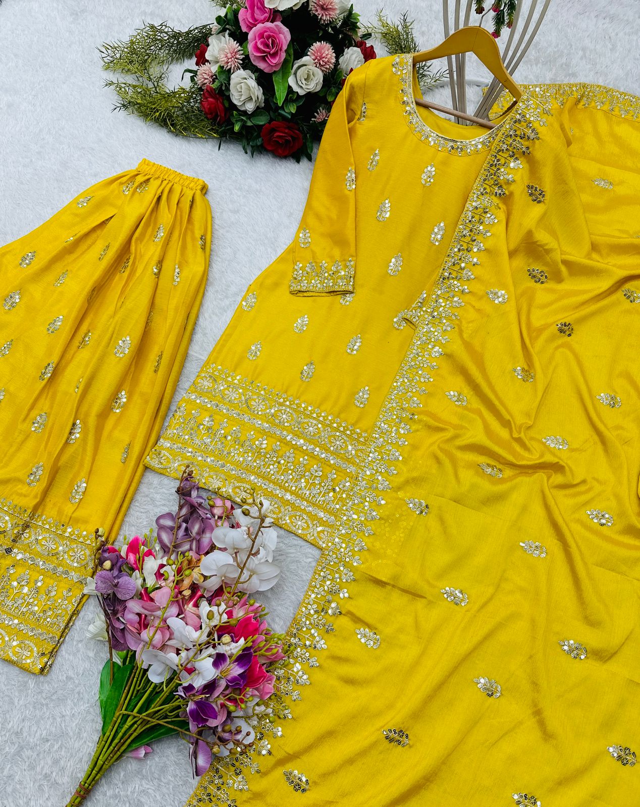 Haldi Wear Yellow Color Pure Chinon Silk With Embroidery 5mm Sequence Work Beautiful Sharara Suit