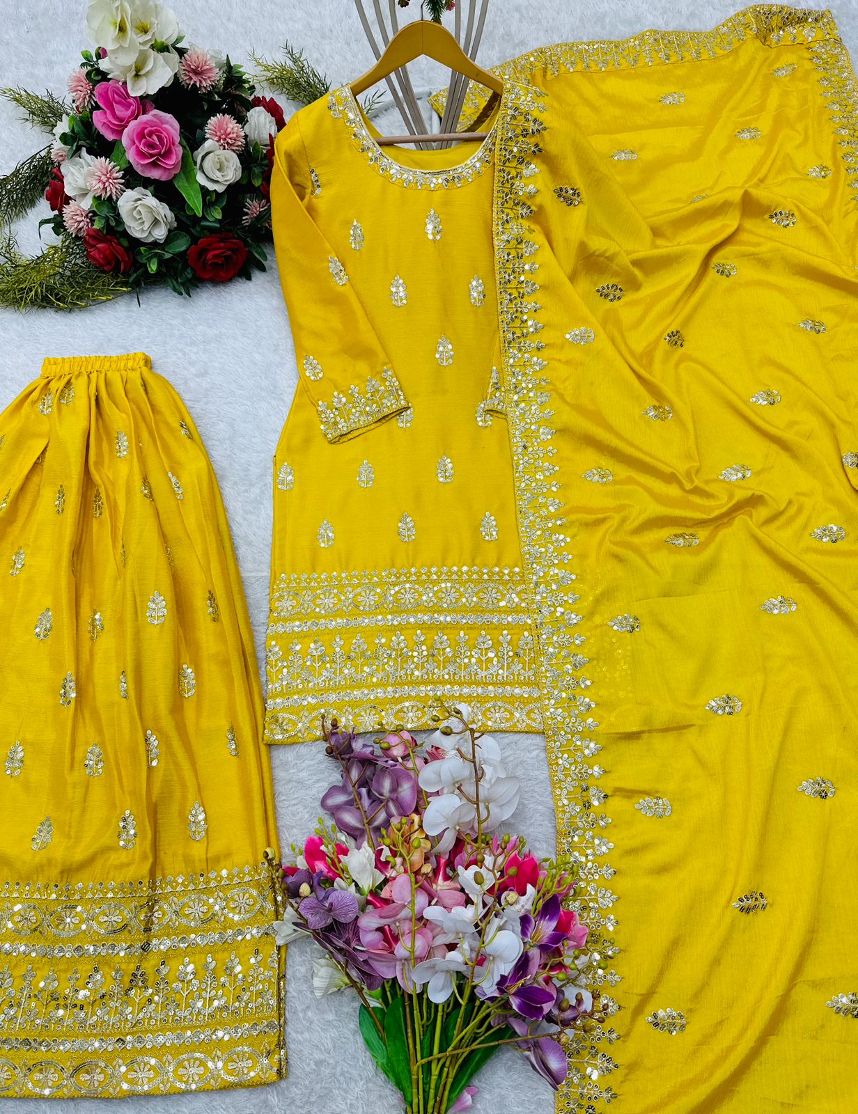 Haldi Wear Yellow Color Pure Chinon Silk With Embroidery 5mm Sequence Work Beautiful Sharara Suit