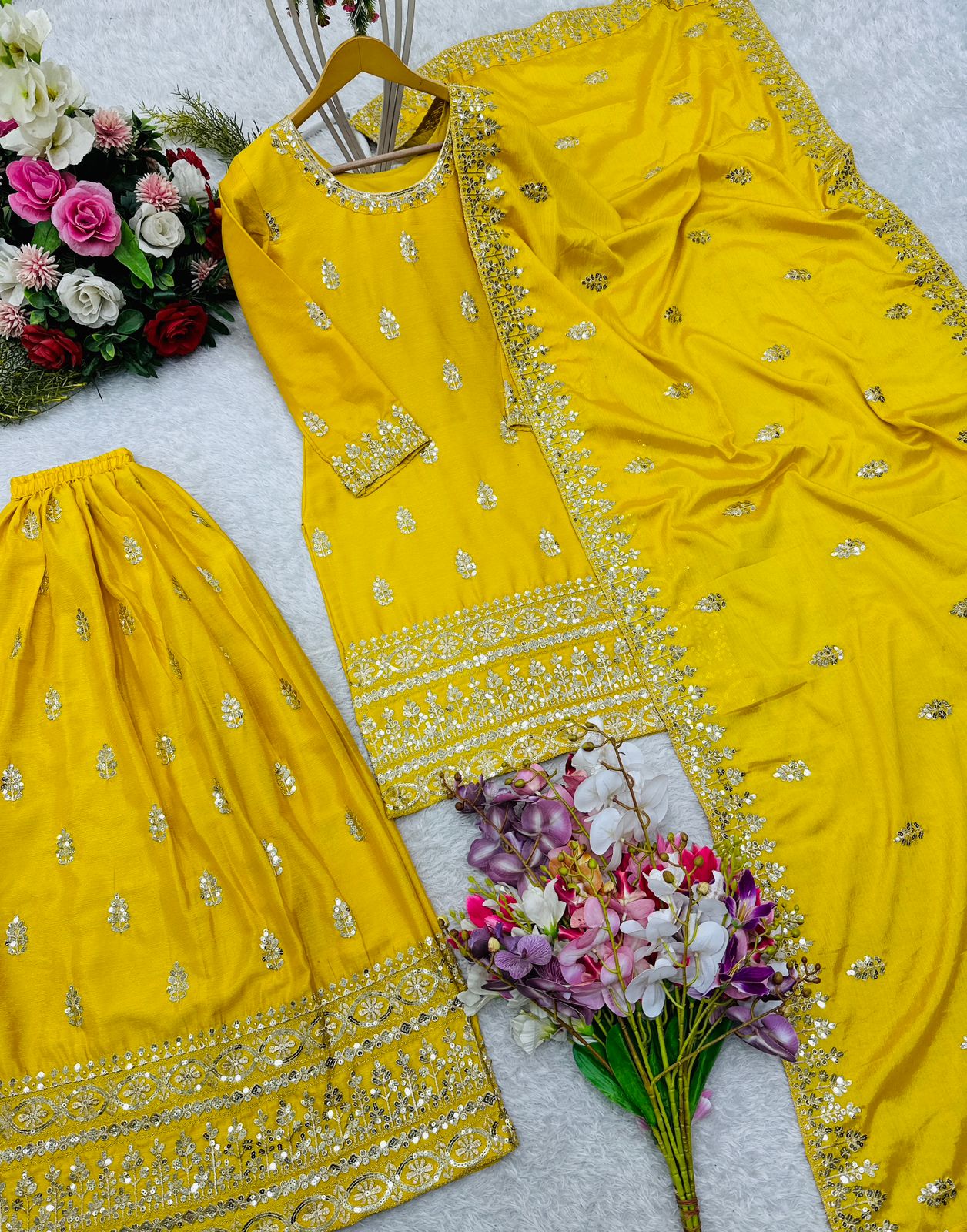 Haldi Wear Yellow Color Pure Chinon Silk With Embroidery 5mm Sequence Work Beautiful Sharara Suit