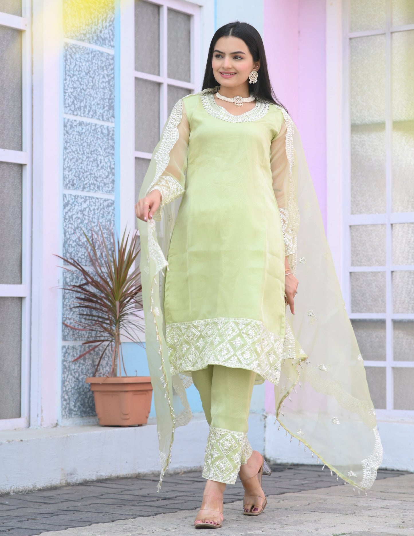 Ceremony Wear Light Green Color Organza With Sequence Embroidery Work Designer Salwar Suit