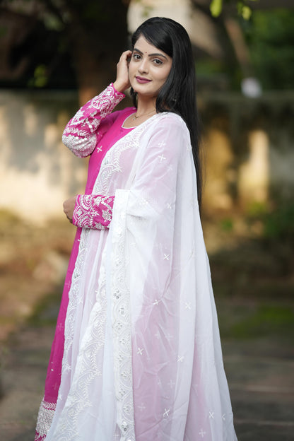 Festive Wear Pink Color Faux Georgette Fabric With All Over Embroidery Work Designer Gown