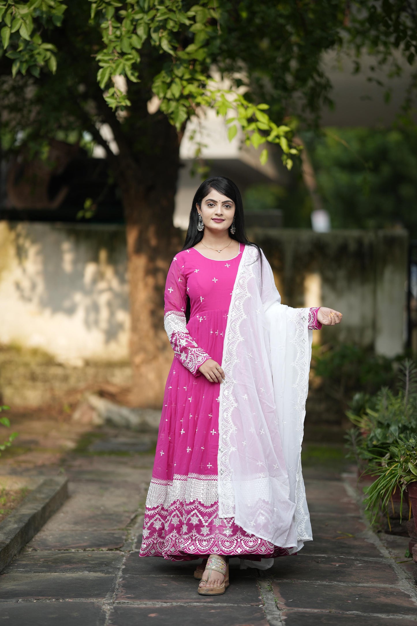 Festive Wear Pink Color Faux Georgette Fabric With All Over Embroidery Work Designer Gown