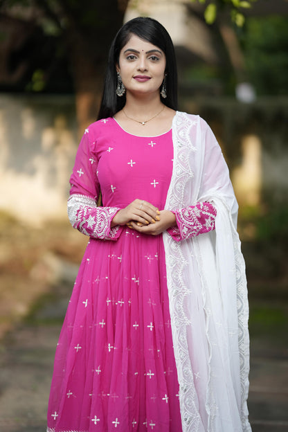Festive Wear Pink Color Faux Georgette Fabric With All Over Embroidery Work Designer Gown