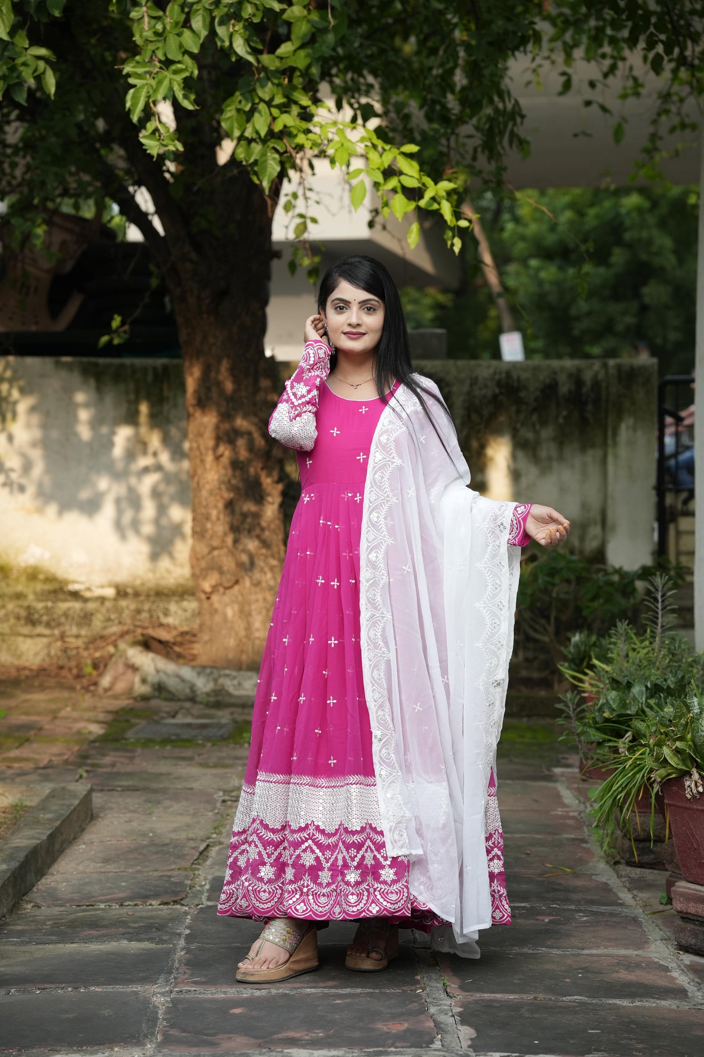 Festive Wear Pink Color Faux Georgette Fabric With All Over Embroidery Work Designer Gown