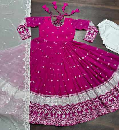 Festive Wear Pink Color Faux Georgette Fabric With All Over Embroidery Work Designer Gown