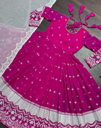 Festive Wear Pink Color Faux Georgette Fabric With All Over Embroidery Work Designer Gown