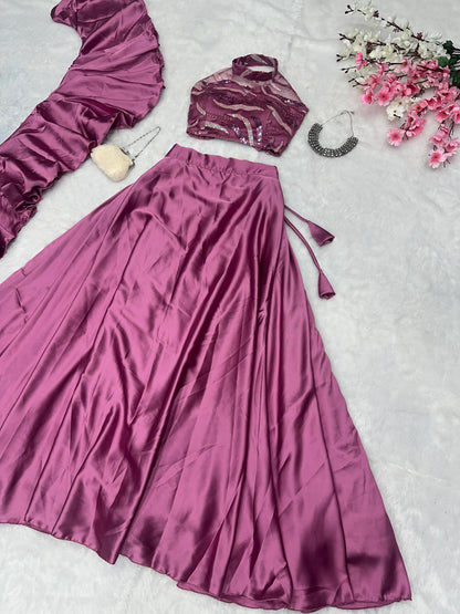Latest Dusty Pink Color Soft Net With Sequins Work Beautiful Designer Lehenga Choli