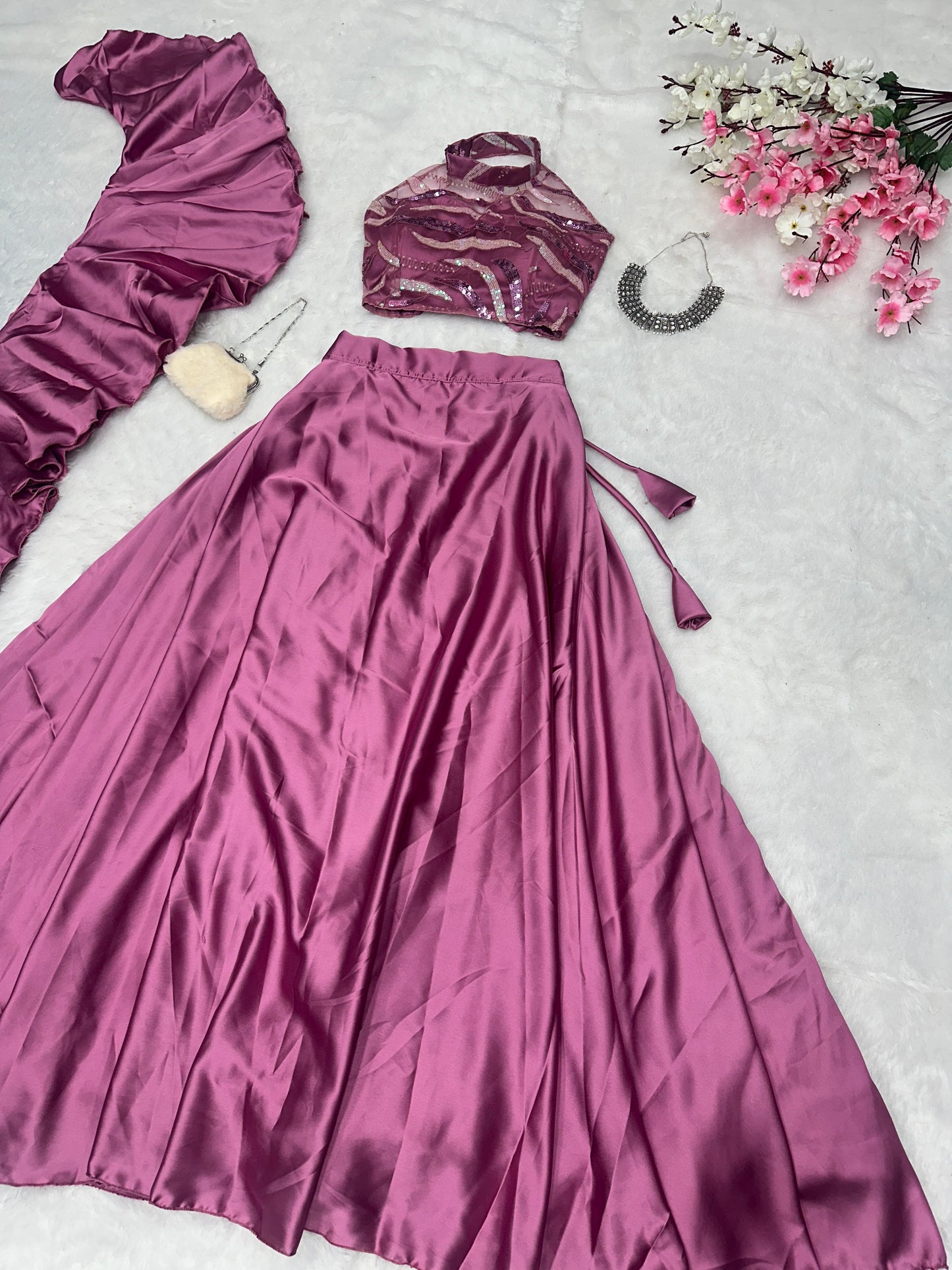 Latest Dusty Pink Color Soft Net With Sequins Work Beautiful Designer Lehenga Choli