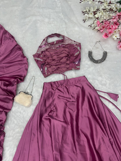 Latest Dusty Pink Color Soft Net With Sequins Work Beautiful Designer Lehenga Choli