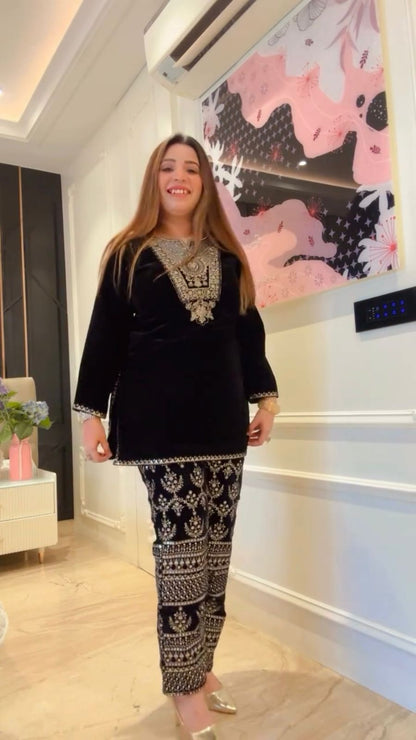 Alluring Black Color Heavy Viscose With Embroidery Sequence Work Beautiful Velvet Suit