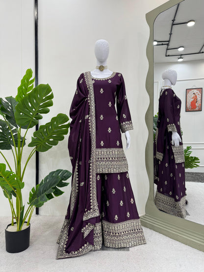 Beautiful Designer Purple Color Chinon Silk And Thread With Sequence Work Palazzo Suit