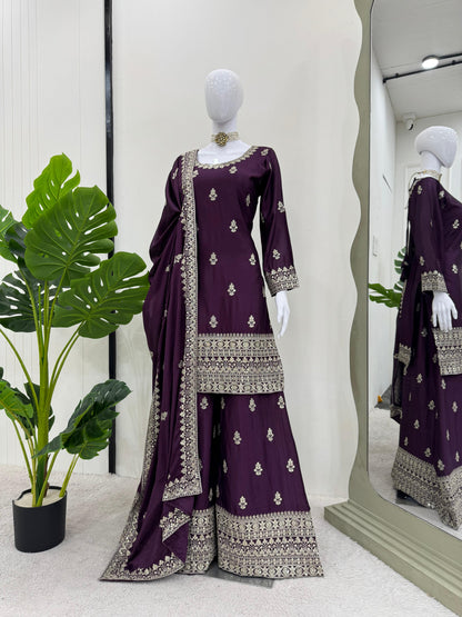 Beautiful Designer Purple Color Chinon Silk And Thread With Sequence Work Palazzo Suit