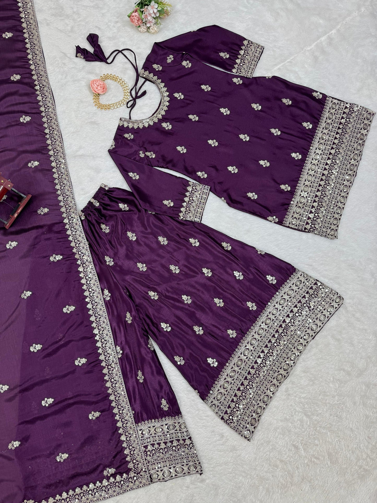 Beautiful Designer Purple Color Chinon Silk And Thread With Sequence Work Palazzo Suit