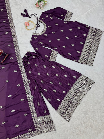 Beautiful Designer Purple Color Chinon Silk And Thread With Sequence Work Palazzo Suit