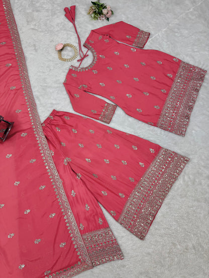 Beautiful Designer Pink Color Chinon Silk And Thread With Sequence Work Palazzo Suit