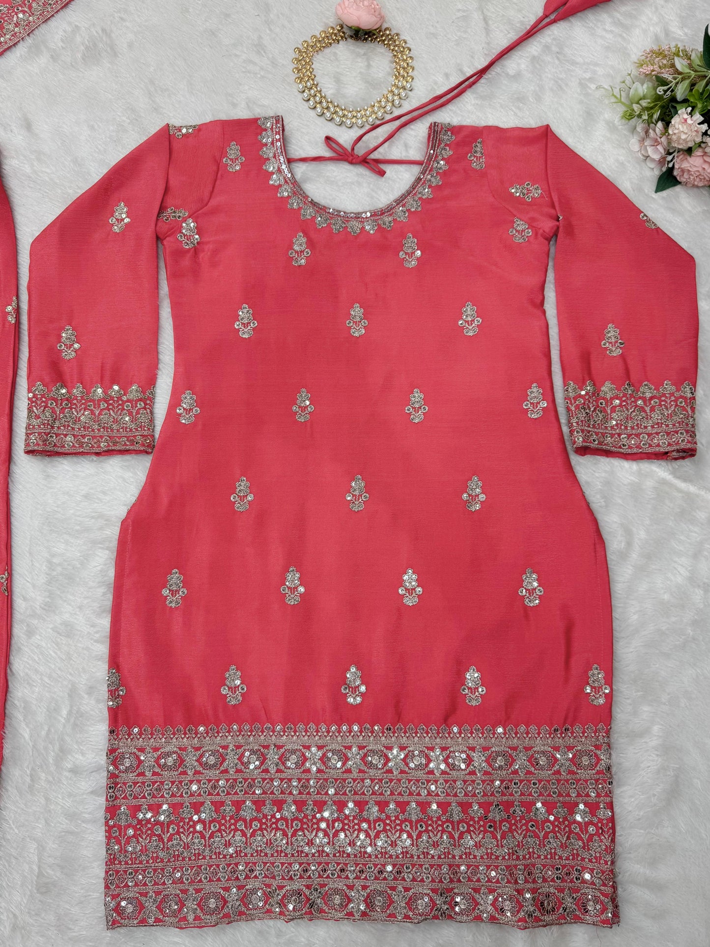 Beautiful Designer Pink Color Chinon Silk And Thread With Sequence Work Palazzo Suit