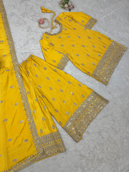 Beautiful Designer Yellow Color Chinon Silk And Thread With Sequence Work Palazzo Suit