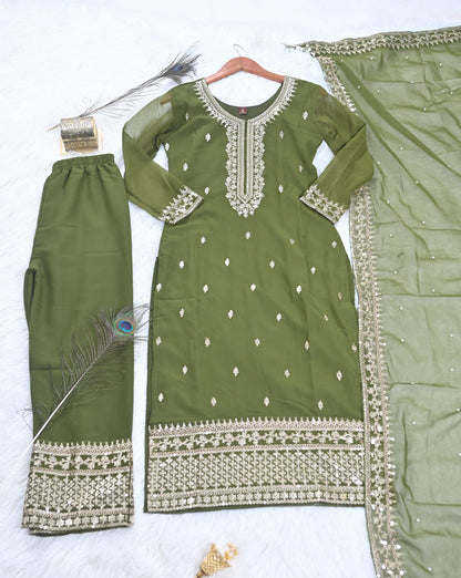 Wedding Wear Mehndi Green Color Faux Georgette And Sequence Embroidery Work Beautiful Salwar Suit