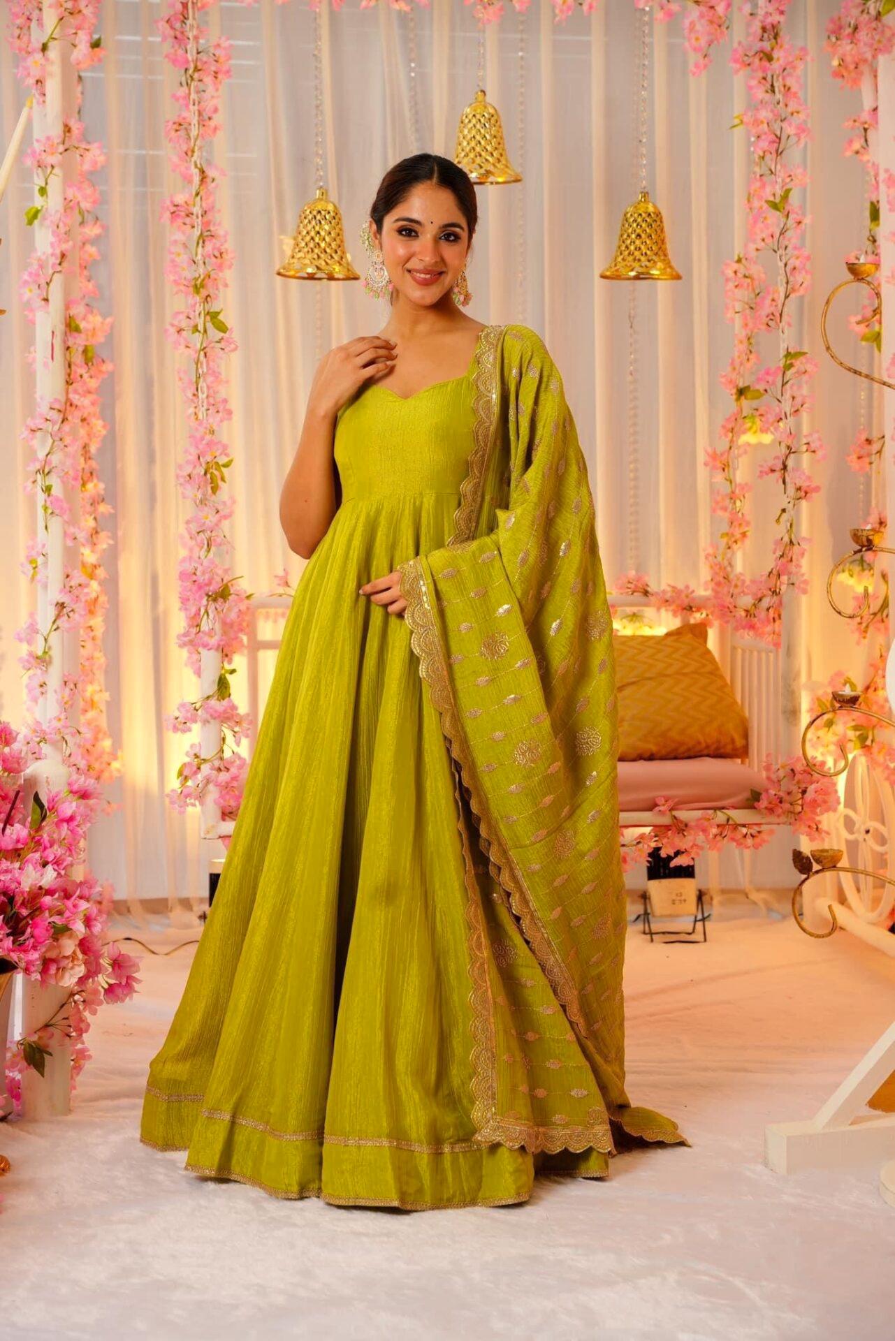 Reception Wear Lemon Yellow Color Roman Silk Fabric With Sequence Zari Lace Designer Gown