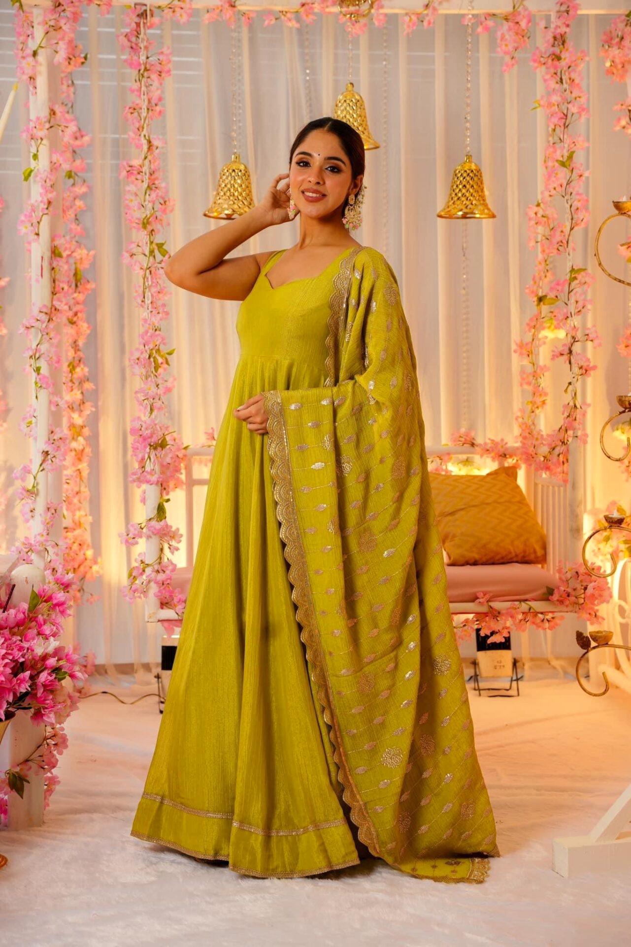 Reception Wear Lemon Yellow Color Roman Silk Fabric With Sequence Zari Lace Designer Gown