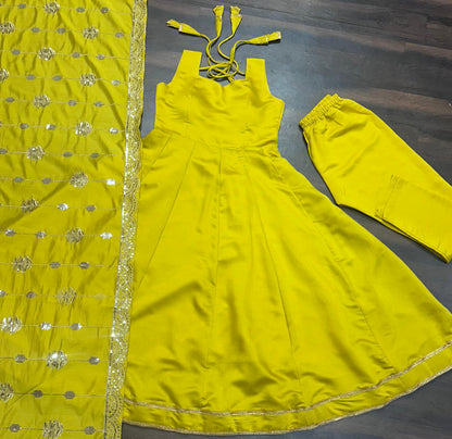 Reception Wear Lemon Yellow Color Roman Silk Fabric With Sequence Zari Lace Designer Gown